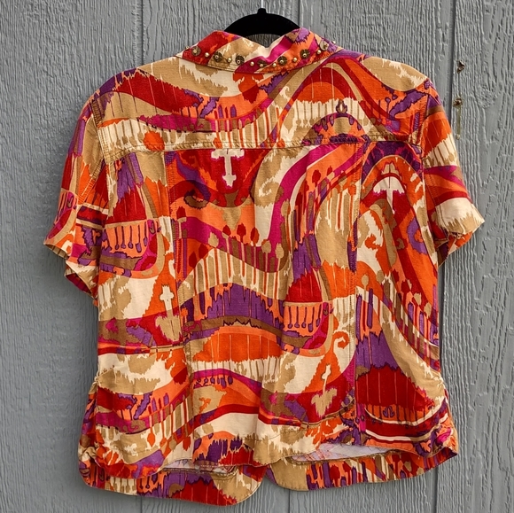 Ruby Rd. Abstract Linen Blend Shirt Size 16 Red & Tan - Picture 2 of 8